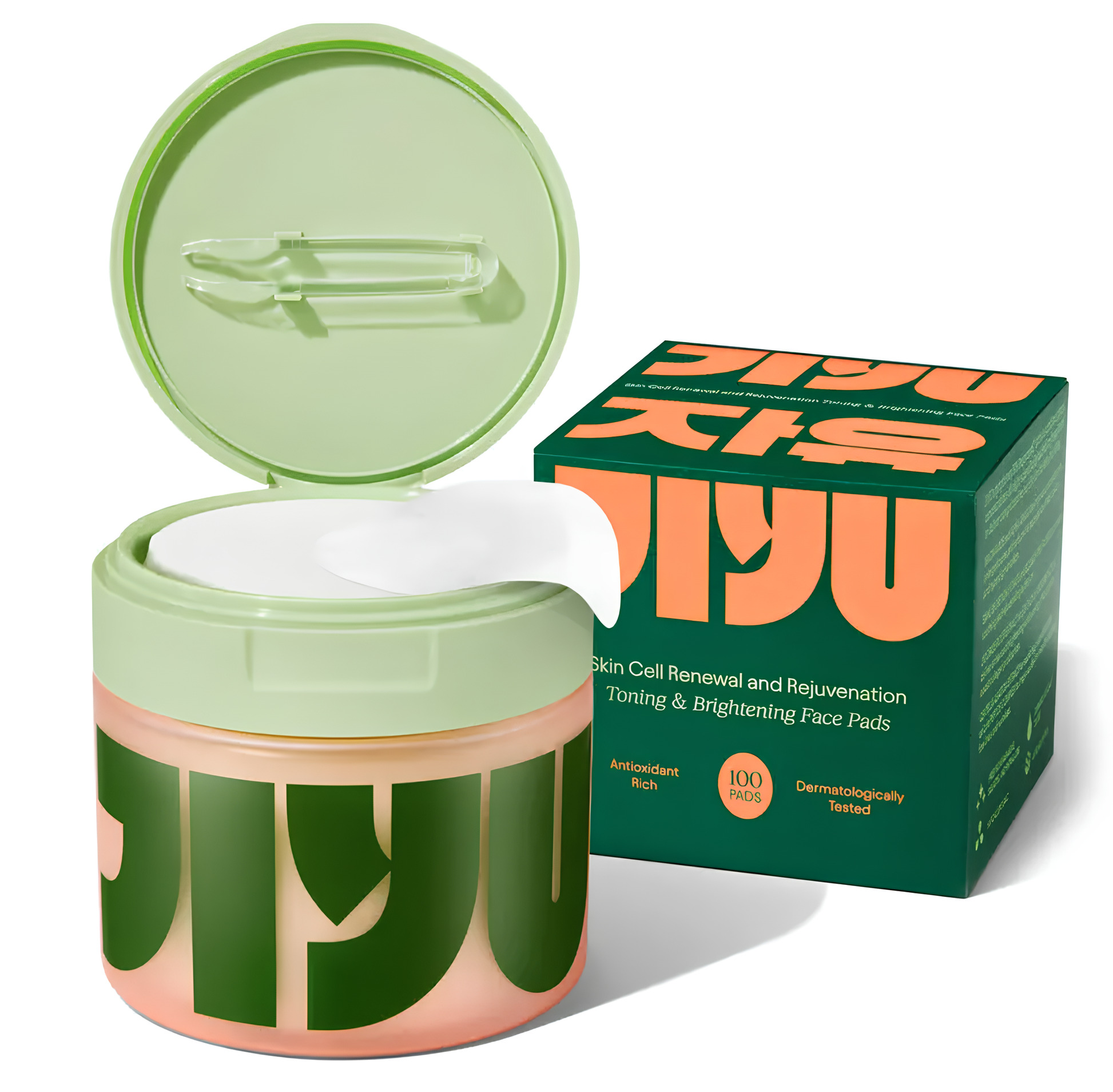 Green skincare product jar with face pads and packaging on a white background